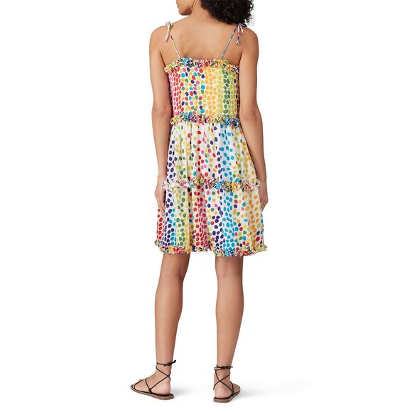 All Things Mochi Blessica Rainbow Polka Dot Print Tiered Silk Mini Dress Sz S - Picture 3 of 16